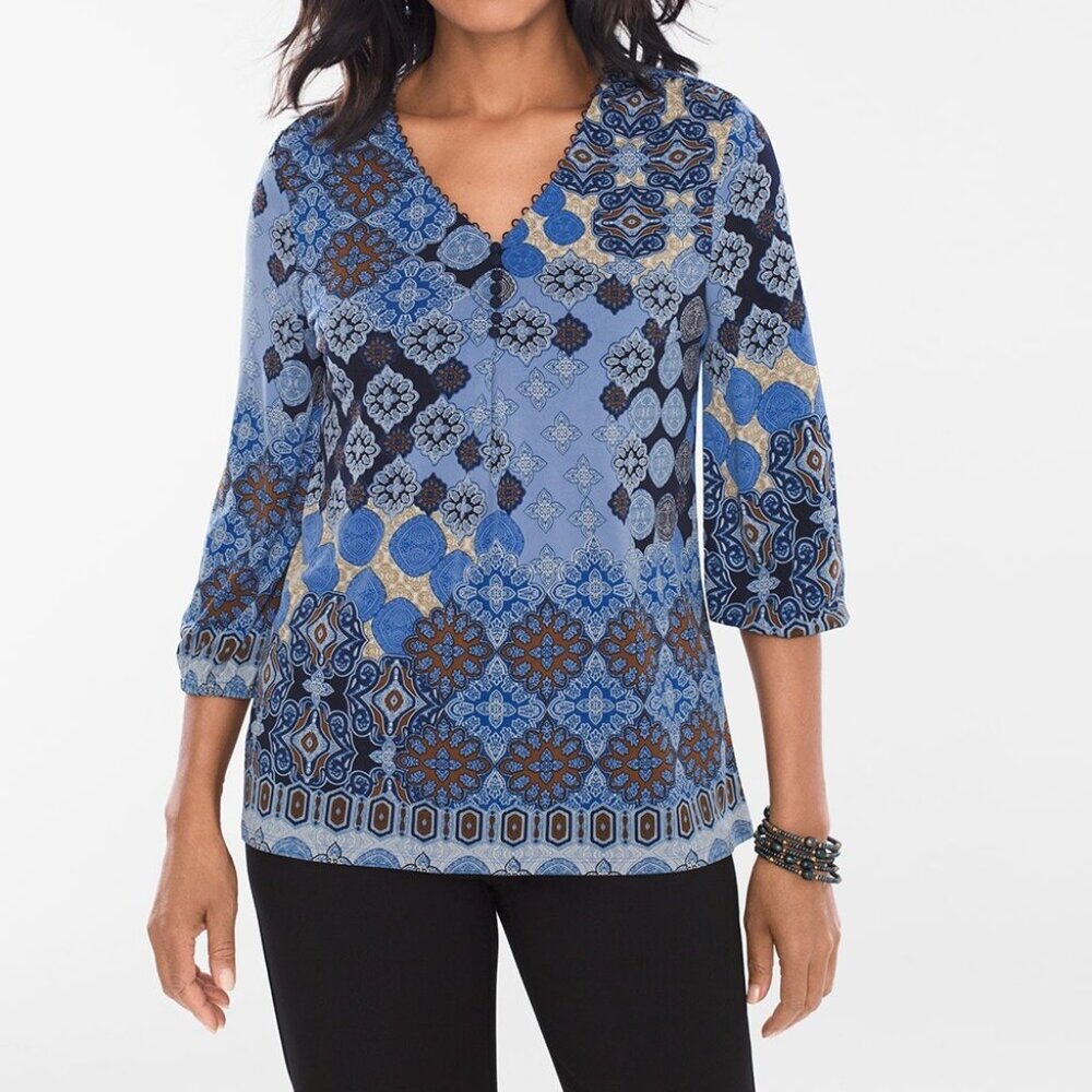CHICO'S Emotional Medallion Button-Detail Boho Top 3/4 sleeve Size 2 or 12/Large